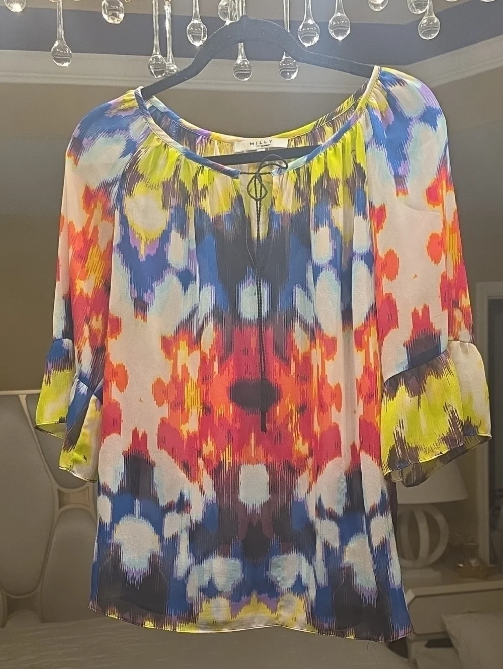 Milly Oversized S Multicolor Ikat-Print Peasant Blouse Yellow, Blue, Pink, Coral